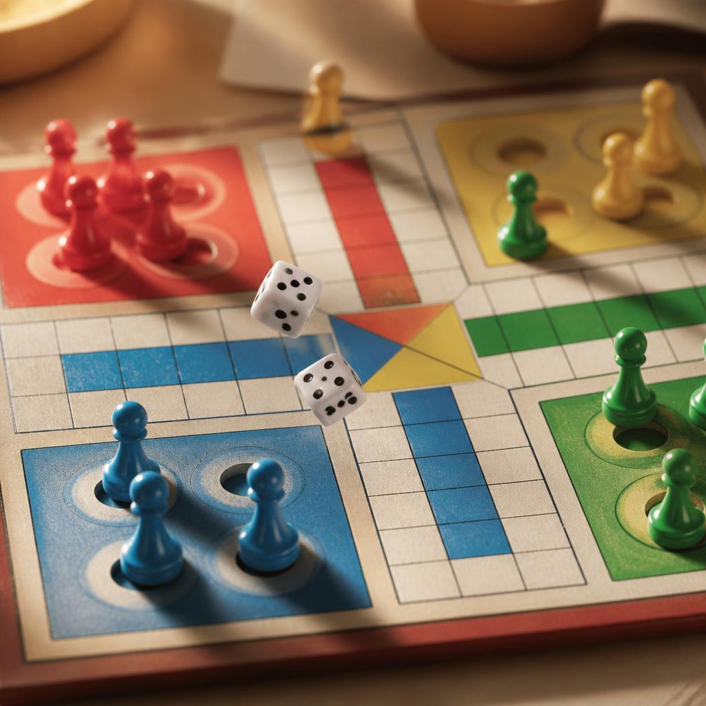 Ludo board mid-game with tokens and tumbling dice